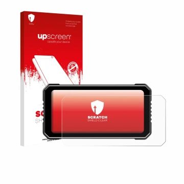 Parte frontal de un envase de producto con el logotipo de la marca upscreen. Al lado se muestra el dispositivo Vtopek MT26 6.2