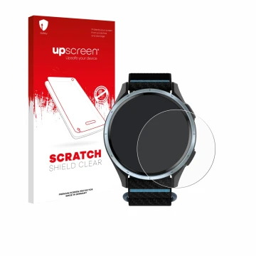 Parte frontal de un envase de producto con el logotipo de la marca upscreen. Al lado se muestra el dispositivo Garmin Approach