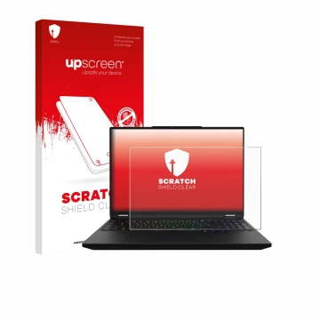 Parte frontal de un envase de producto con el logotipo de la marca upscreen. Al lado se muestra el dispositivo XMG Apex 16 Max