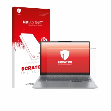 Parte frontal de un envase de producto con el logotipo de la marca upscreen. Al lado se muestra el dispositivo Lenovo ThinkBoo
