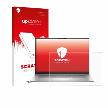 Parte frontal de un envase de producto con el logotipo de la marca upscreen. Al lado se muestra el dispositivo Dell Inspiron 1