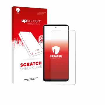 Parte frontal de un envase de producto con el logotipo de la marca upscreen. Al lado se muestra el dispositivo Oppo A5x 4G con