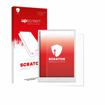 Parte frontal de un envase de producto con el logotipo de la marca upscreen. Al lado se muestra el dispositivo Viwoods AiPaper