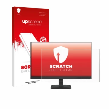 Parte frontal de un envase de producto con el logotipo de la marca upscreen. Al lado se muestra el dispositivo Lenovo L24-4e c