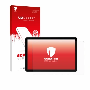 Parte frontal de un envase de producto con el logotipo de la marca upscreen. Al lado se muestra el dispositivo Doogee Tab G5 c