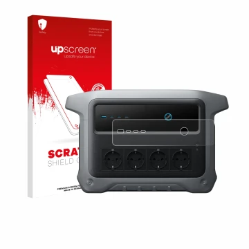 Parte frontal de un envase de producto con el logotipo de la marca upscreen. Al lado se muestra el dispositivo Anker SOLIX C10