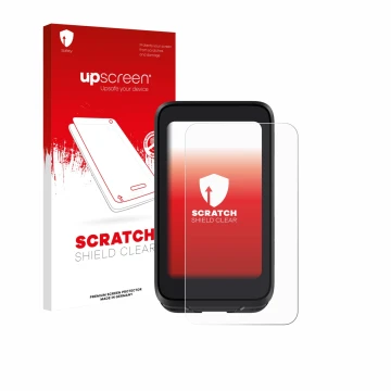 Parte frontal de un envase de producto con el logotipo de la marca upscreen. Al lado se muestra el dispositivo igpsport BiNavi