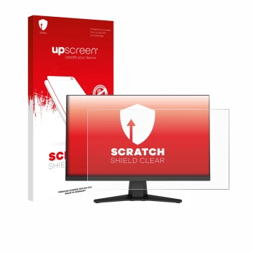 Parte frontal de un envase de producto con el logotipo de la marca upscreen. Al lado se muestra el dispositivo MSI MAG 244F co