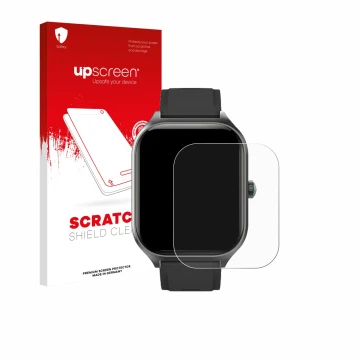 Parte frontal de un envase de producto con el logotipo de la marca upscreen. Al lado se muestra el dispositivo FORRLITE Smartw