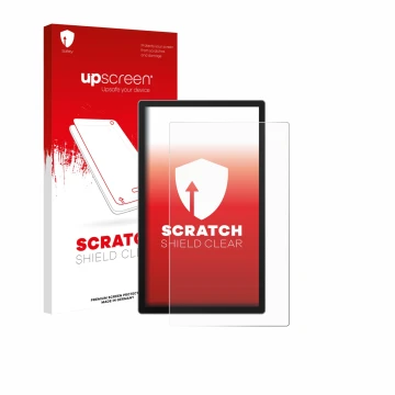 Parte frontal de un envase de producto con el logotipo de la marca upscreen. Al lado se muestra el dispositivo Sunmi Flex 3 22