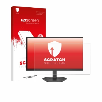 Parte frontal de un envase de producto con el logotipo de la marca upscreen. Al lado se muestra el dispositivo Dell 24 SE2426H