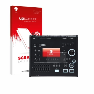 Parte frontal de un envase de producto con el logotipo de la marca upscreen. Al lado se muestra el dispositivo Roland V71 con 