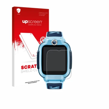 Parte frontal de un envase de producto con el logotipo de la marca upscreen. Al lado se muestra el dispositivo Imoo Watch Phon