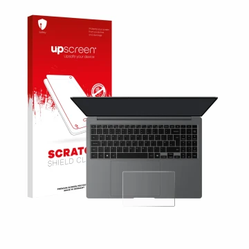 Parte frontal de un envase de producto con el logotipo de la marca upscreen. Al lado se muestra el dispositivo Samsung Galaxy 