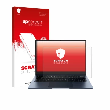 Parte frontal de un envase de producto con el logotipo de la marca upscreen. Al lado se muestra el dispositivo Chuwi CoreBook 