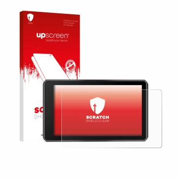 Parte frontal de un envase de producto con el logotipo de la marca upscreen. Al lado se muestra el dispositivo Garmin zumo XT3