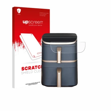 Parte frontal de un envase de producto con el logotipo de la marca upscreen. Al lado se muestra el dispositivo Cosori Turbo To