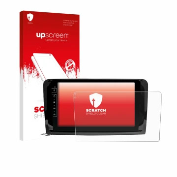 Parte frontal de un envase de producto con el logotipo de la marca upscreen. Al lado se muestra el dispositivo Dynavin D9-DF43