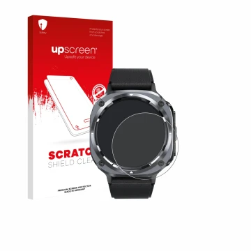 Parte frontal de un envase de producto con el logotipo de la marca upscreen. Al lado se muestra el dispositivo TIMU S90+ 1.48