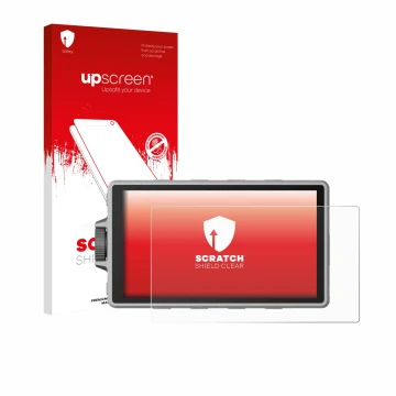 Parte frontal de un envase de producto con el logotipo de la marca upscreen. Al lado se muestra el dispositivo DJI Ronin 4D co