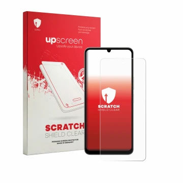 Parte frontal de un envase de producto con el logotipo de la marca upscreen. Al lado se muestra el dispositivo Vivo Y11 2026 c