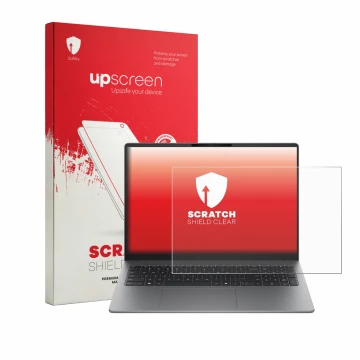 Parte frontal de un envase de producto con el logotipo de la marca upscreen. Al lado se muestra el dispositivo HP 200 G2a 16