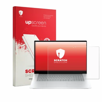 Parte frontal de un envase de producto con el logotipo de la marca upscreen. Al lado se muestra el dispositivo HP OmniBook X 1