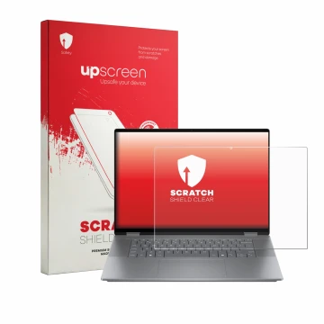 Parte frontal de un envase de producto con el logotipo de la marca upscreen. Al lado se muestra el dispositivo HP OmniBook X F
