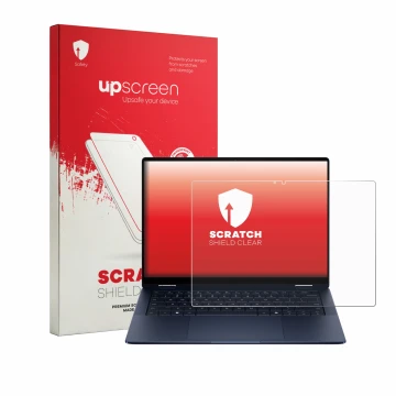 Parte frontal de un envase de producto con el logotipo de la marca upscreen. Al lado se muestra el dispositivo HP EliteBook X 