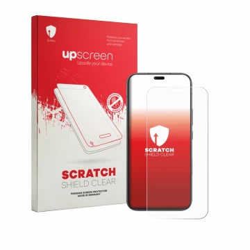 Parte frontal de un envase de producto con el logotipo de la marca upscreen. Al lado se muestra el dispositivo Honor X80i con 