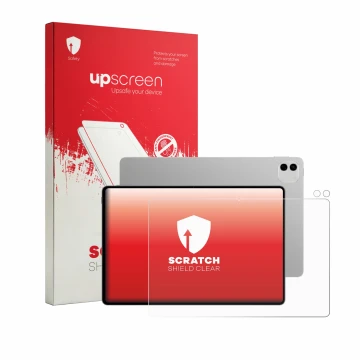 Parte frontal de un envase de producto con el logotipo de la marca upscreen. Al lado se muestra el dispositivo Honor Magicpad 