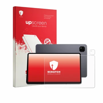 Parte frontal de un envase de producto con el logotipo de la marca upscreen. Al lado se muestra el dispositivo Alldocube iPlay