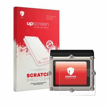 Parte frontal de un envase de producto con el logotipo de la marca upscreen. Al lado se muestra el dispositivo Shearwater Petr