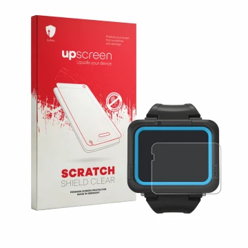 Parte frontal de un envase de producto con el logotipo de la marca upscreen. Al lado se muestra el dispositivo Shearwater PERE