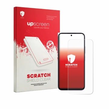 Parte frontal de un envase de producto con el logotipo de la marca upscreen. Al lado se muestra el dispositivo Oppo A6k con su