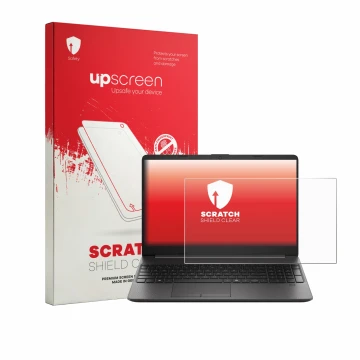 Parte frontal de un envase de producto con el logotipo de la marca upscreen. Al lado se muestra el dispositivo HP EliteBook 25