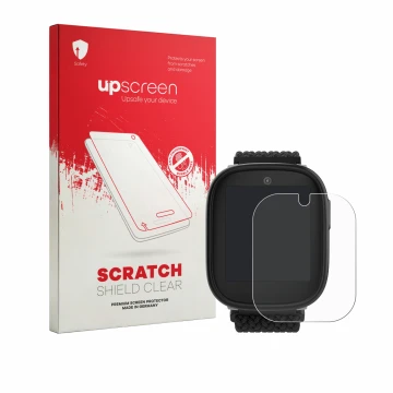 Parte frontal de un envase de producto con el logotipo de la marca upscreen. Al lado se muestra el dispositivo Xplora X6 Play 