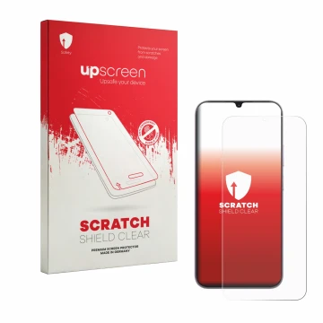 Parte frontal de un envase de producto con el logotipo de la marca upscreen. Al lado se muestra el dispositivo realme C100i co