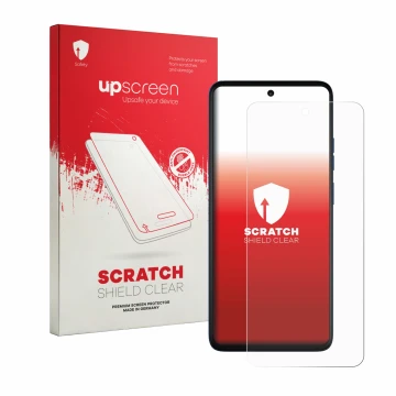 Parte frontal de un envase de producto con el logotipo de la marca upscreen. Al lado se muestra el dispositivo Motorola Moto G