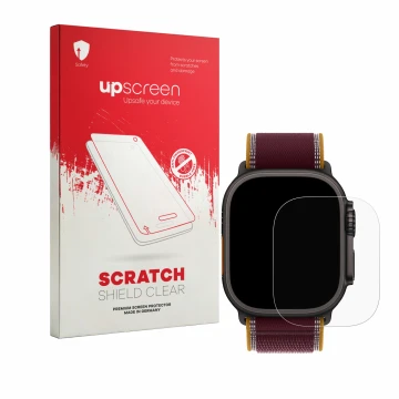 Parte frontal de un envase de producto con el logotipo de la marca upscreen. Al lado se muestra el dispositivo Apple Watch Ult