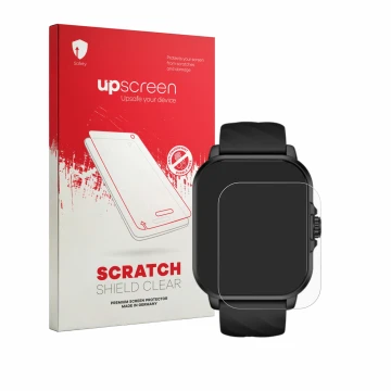 Parte frontal de un envase de producto con el logotipo de la marca upscreen. Al lado se muestra el dispositivo Black Shark GT3