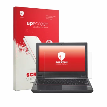 Parte frontal de un envase de producto con el logotipo de la marca upscreen. Al lado se muestra el dispositivo Fujitsu Celsius