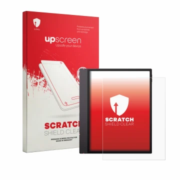 Parte frontal de un envase de producto con el logotipo de la marca upscreen. Al lado se muestra el dispositivo Boox Note Air 6