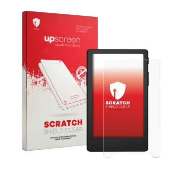 Parte frontal de un envase de producto con el logotipo de la marca upscreen. Al lado se muestra el dispositivo Xteink X4 Class