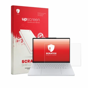 Parte frontal de un envase de producto con el logotipo de la marca upscreen. Al lado se muestra el dispositivo Lenovo Googlebo