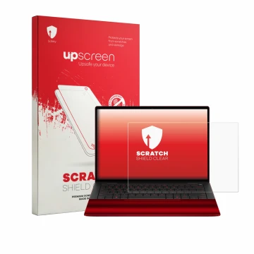 Parte frontal de un envase de producto con el logotipo de la marca upscreen. Al lado se muestra el dispositivo HP Scuderia Fer