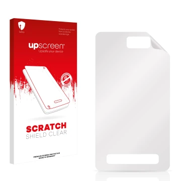 Parte frontal de un envase de producto con el logotipo de la marca upscreen. Al lado está el protector de pantalla correspondi