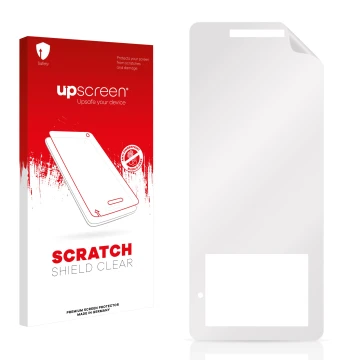 Parte frontal de un envase de producto con el logotipo de la marca upscreen. Al lado está el protector de pantalla correspondi