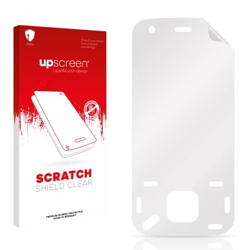 Parte frontal de un envase de producto con el logotipo de la marca upscreen. Al lado está el protector de pantalla correspondi