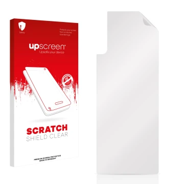 Parte frontal de un envase de producto con el logotipo de la marca upscreen. Al lado está el protector de pantalla correspondi